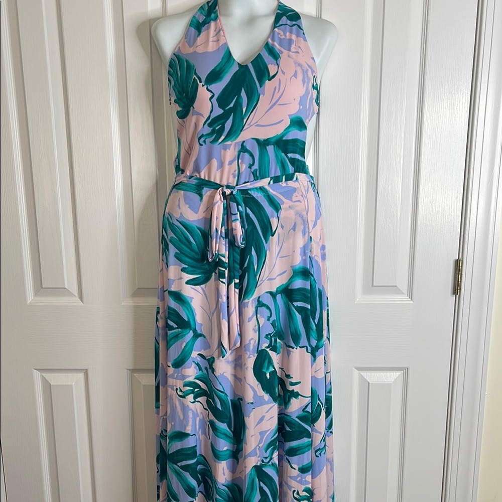 2 pc Tropical Leaf Print Halter Swimsuit and skirt coverup